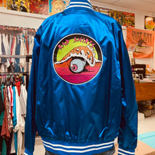 Retro style Surfing Satin JAcket with a surfing eyeball Rick Griffin style embroidered patch for sale