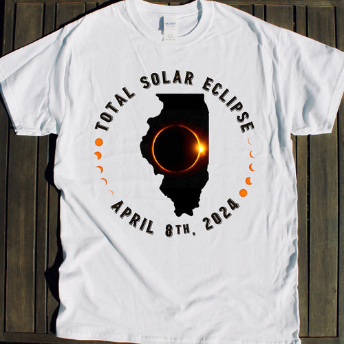 Illinois Solar Eclipse shirt for April 8 2024 event viewing party souvenir Total Solar Eclipse shirt for sale April 8 2024 souvenir gift shop commemorative tshirts 4/8/24 Made in USA