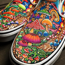 Hand painted Mushroom sneakers by LD Wade available with colorful mushrooms on Vans Classic Slips On Shoes for sale