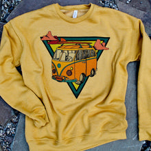 Bella Canvas 3945 Heather Mustard crewneck sweatshirt VW Surf Bus Camper artwork