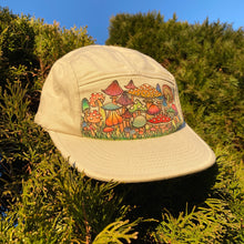 Mushroom hat for sale hand painted by Lauren Dalrymple Wade artwork shrooms 5 panel camper hat trucker hipster