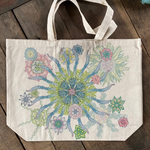 succulent tote bag for sale with original watercolor art by Lauren D Wade custom printed tote bags reusable canvas