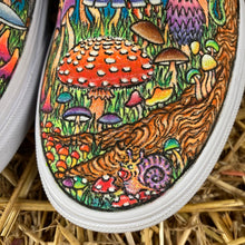 Hand painted sneakers for sale with Mushroom artwork on Vans Slip On Sneakers for sale, made in New Jersey