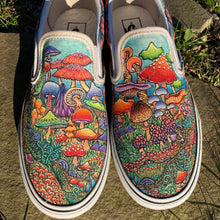 New Jersey Sneaker Artist Lauren D Wade Mushroom shoe art for sale with hand painted mushrooms for sale by RAD Shirts Custom Art for sneakerheads  One of A Kind VANS Slips On Classics