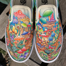 Custom Mushroom Vans Sneakers with hand painted mushrooms by Lauren D Wade on Classic Vans Slips On sneakers made in Manasquan NJ