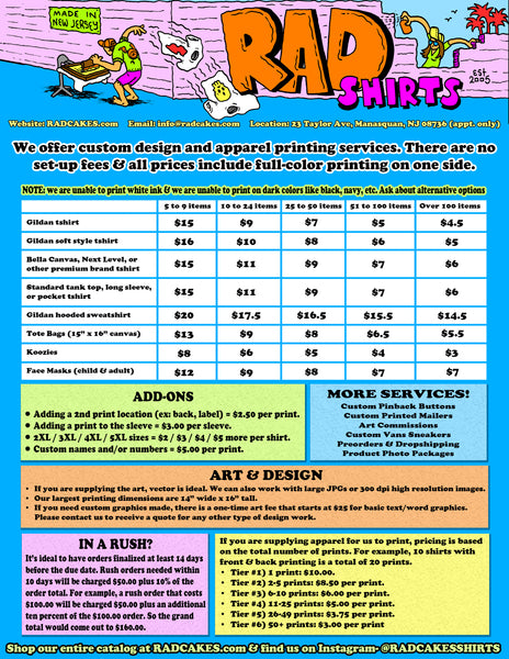 2022 pricing sheet for Rad Shirts Custom Printing, Manasquan, NJ