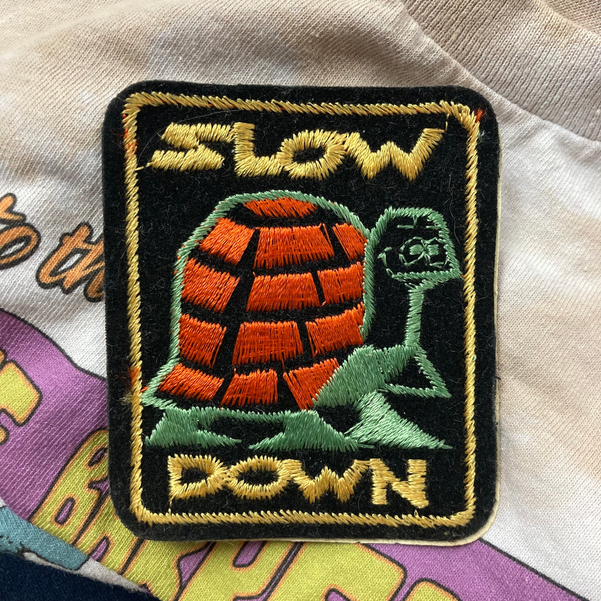 Slow Turtle Labels Vintage “Slow Down” turtle patch – RAD Shirts Custom Printing