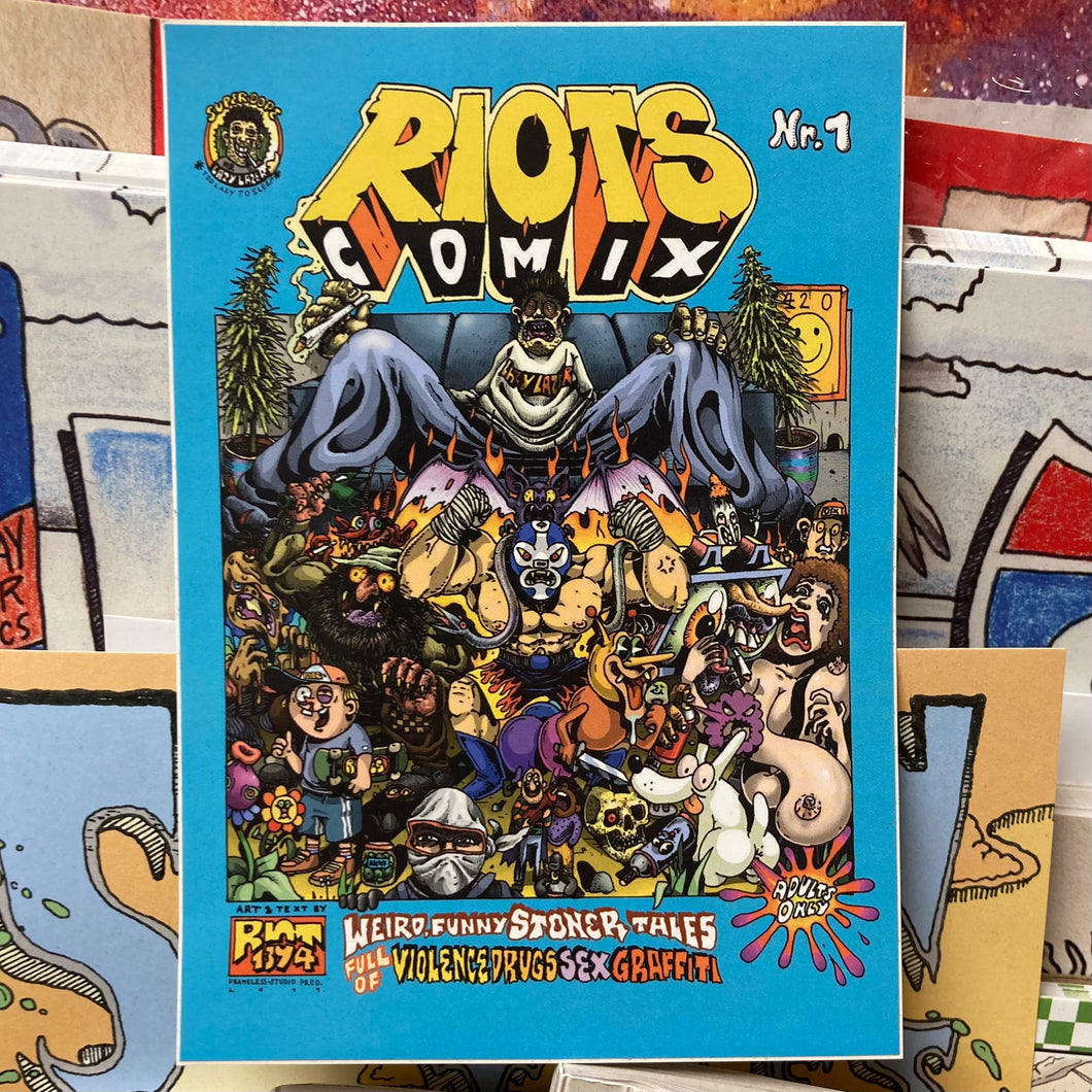 German graffiti artist Riot 1394 Comix sticker. Weird funny stoner tales comic art street artwork. Approx 4
