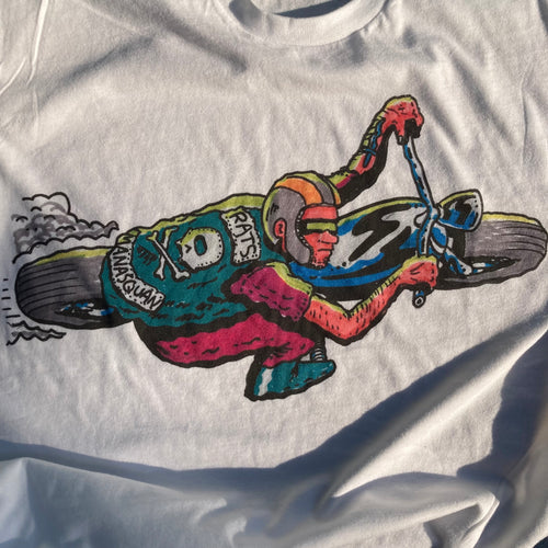 White T-shirt with colorful motorcycle art made in a futuristic style. The motorcycle club is Rats Manasquan NJ. Hand drawn, colored, and printed by R Wade Radcakes