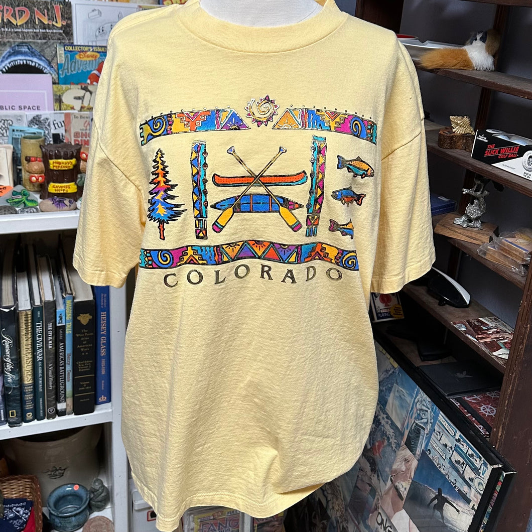 Vintage yellow Colorado shirt with camping and outdoors graphics for sale with metallic gold puffy paint