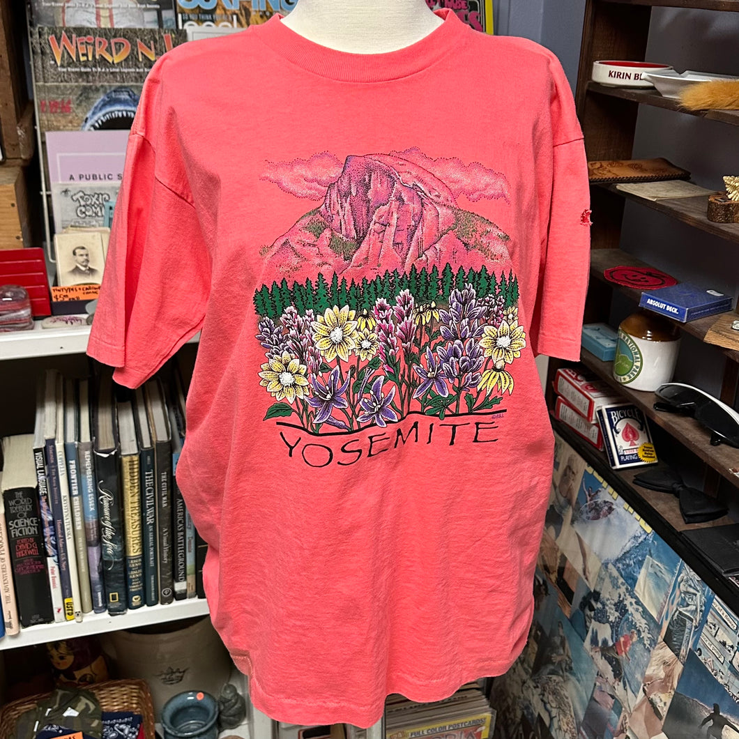 Vintage pink Yosemite shirt with flowers and mountain scenery for sale