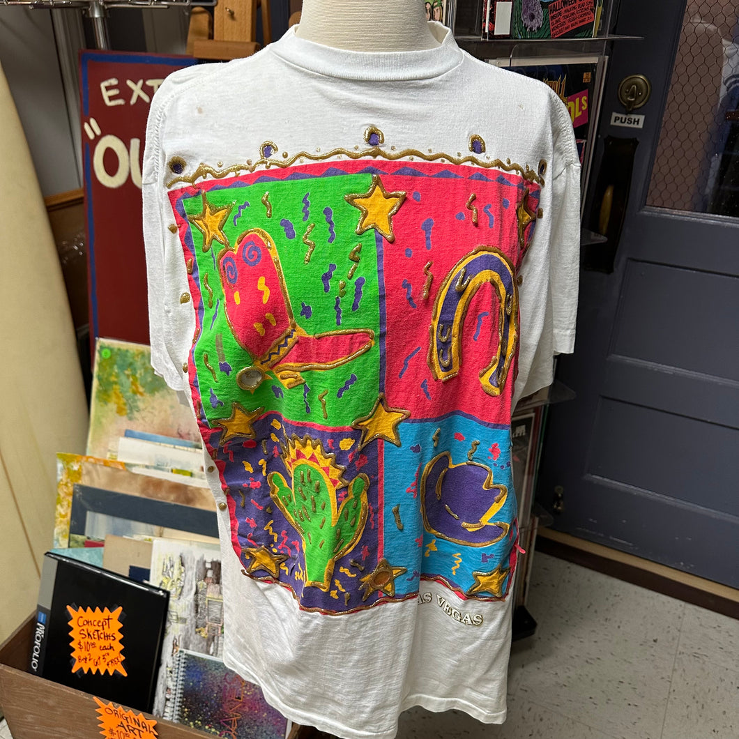 Vintage tall style LAS VEGAS shirt for sale with puffy gold paint art and retro 80s graphics