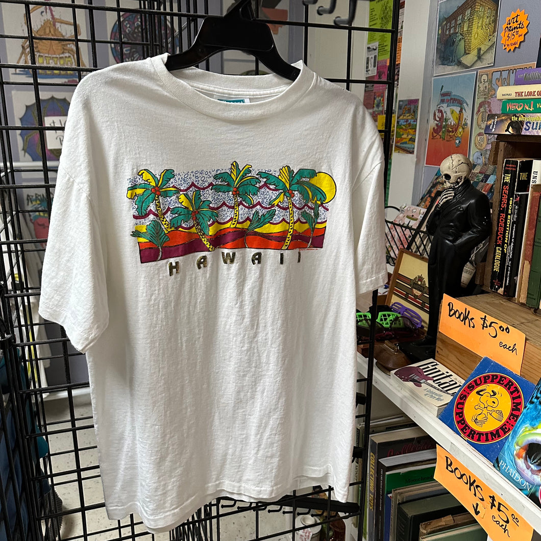 Vintage Hawaii shirt with palm trees and 1980s style graphic for sale
