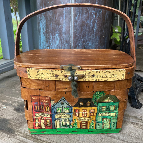 USC hand painted basket purse with folk art and buildings