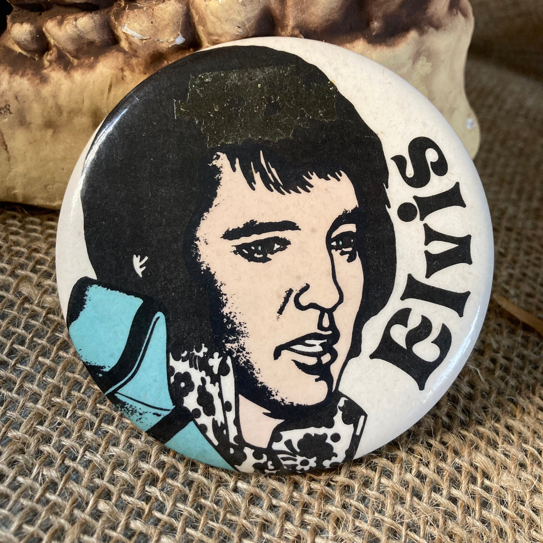 Vintage Elvis pinback button with fave graphic and large text