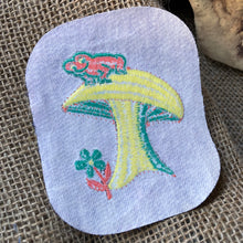 Vintage Iron-On patch with a Frog sitting on a Toadstool Mushroom