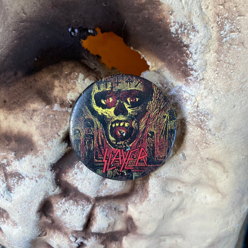 1992 Slayer pinback button for sale from The Brockum Collection. The image features the 