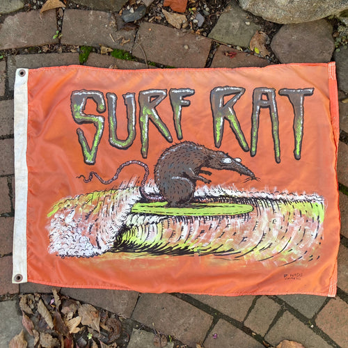 Hand painted SURF RAT flag for sale. Rat Fink style artwork for sale folk art on a flag