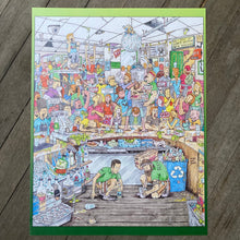 Parker House art poster print for sale by Ryan Wade. Sea Girt NJ illustration with chaotic bar scene bartenders and drunk people Where's Waldo