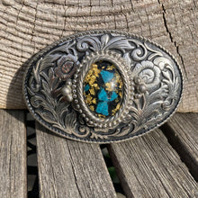 Vintage Western belt buckle with gold flakes and turquoise