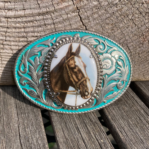 Enameled Horse belt buckle with floral details