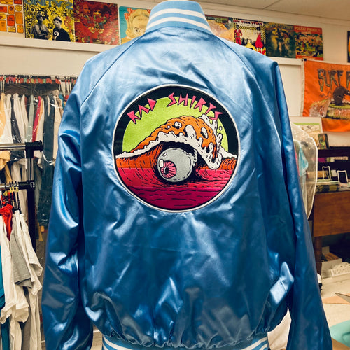 Surfing eyeball jacket for sale. Rad 1980's style surf fashion with neon embroidered patch with surf art