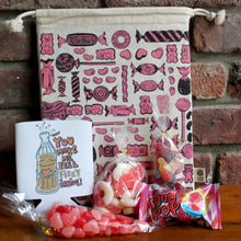 Candy Collage Drawstring Pouch filled with treats