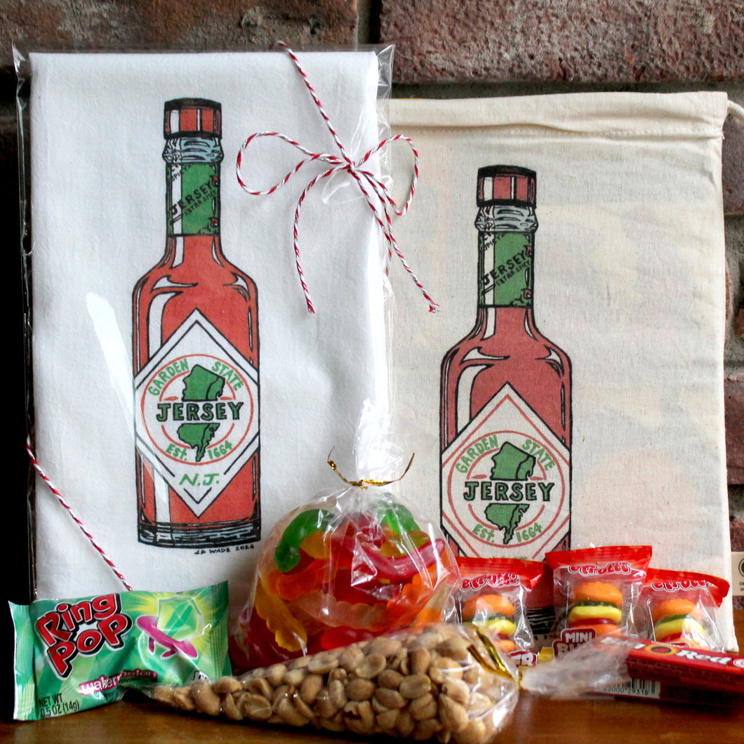 NJ Hot Sauce Drawstring Pouch w/ Kitchen Towel & treats