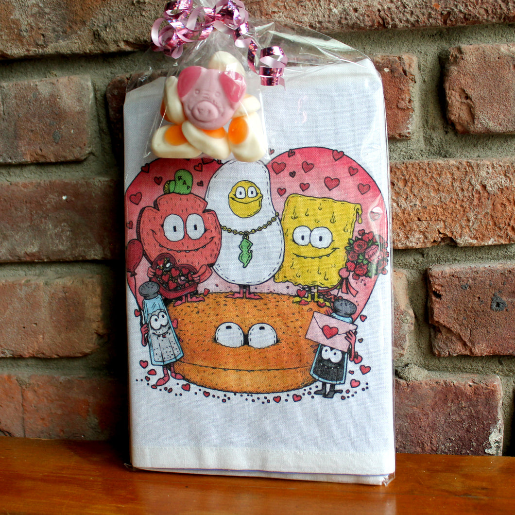 Pork Roll kitchen towel w/ Pig & Egg gummies