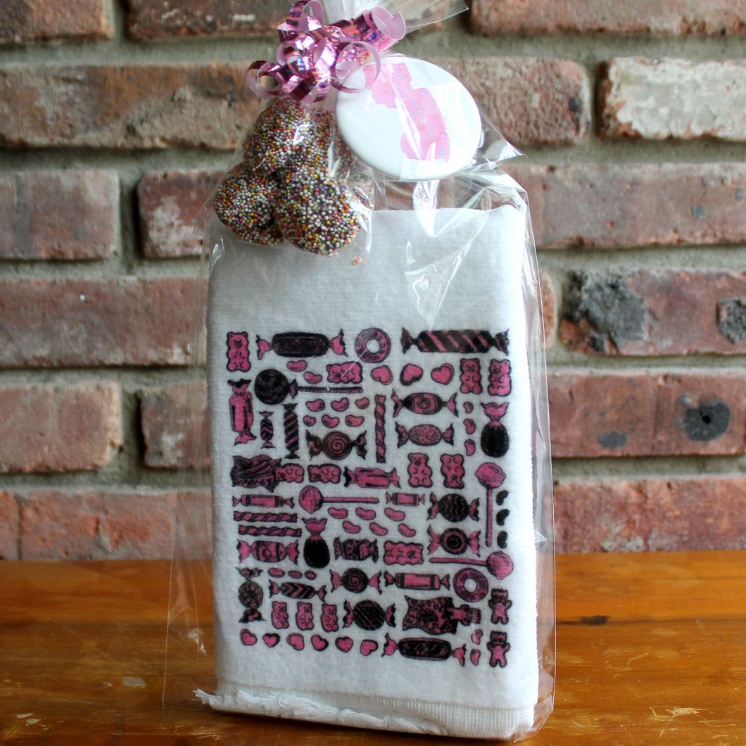 Candy Collage hand towel w/ Chocolates & Button