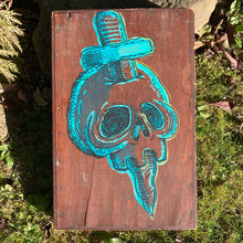 Antique wooden box with hand painted skull art for sale. Art by Ryan Wade, Manasquan, NJ.