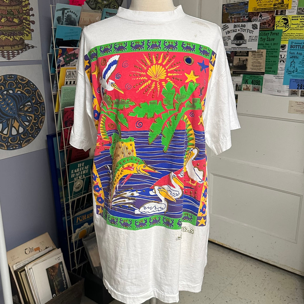Tall oversized vintage LAS VEGAS shirt, great for poolside or the beach. Made with puffy paint art printing.