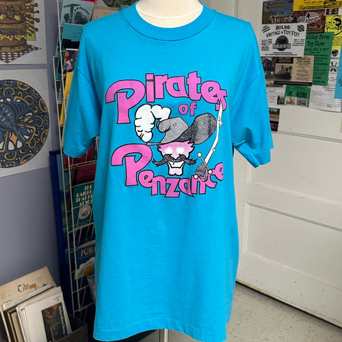 Vintage Pirates of Penzance shirt with bright pink and blue graphics amazing 1980s retro style