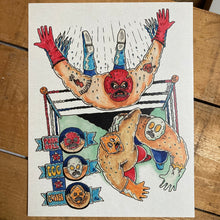 Pork Roll Egg and Cheese print for sale featuring Lucha Libre wrestlers. Original art by Ryan Wade.