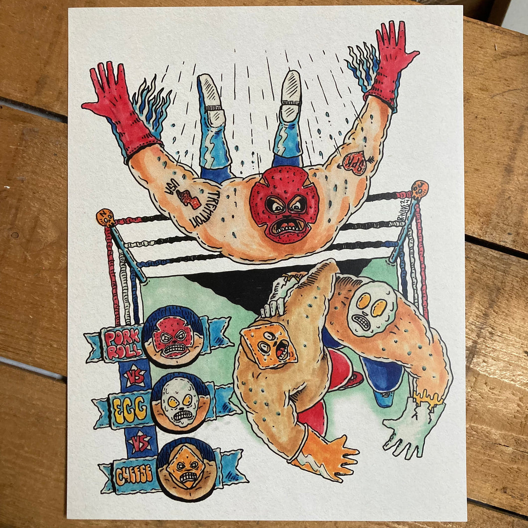 Pork Roll Egg and Cheese print for sale featuring Lucha Libre wrestlers. Original art by Ryan Wade.