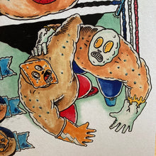 Pork Roll, Egg, and Cheese themed Lucha Libre wrestlers. Art print by Ryan Wade, for sale.