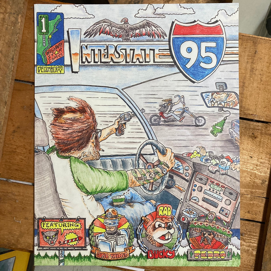 Interstate 95 poster design by Ryan Wade  in the style of David Mann with an outlaw biker and a vintage car driver.