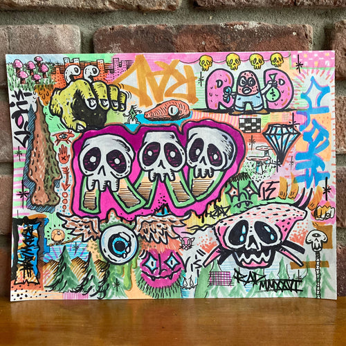 Original art by Ryan Wade RAD WAYNE graffiti street art doodle artwork for sale with skulls.