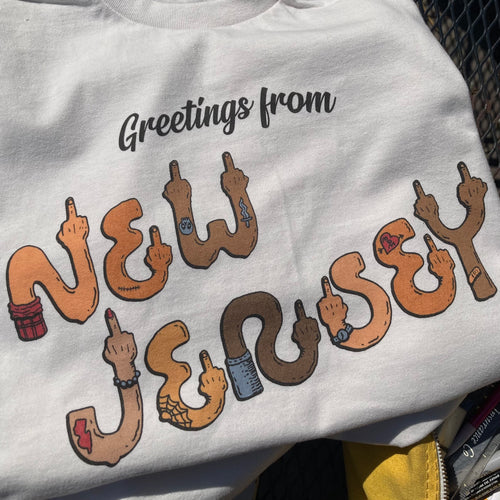 Funny New Jersey shirt middle finger letters design for sale drawn by Ryan Wade for RAD SHIRTS NJ