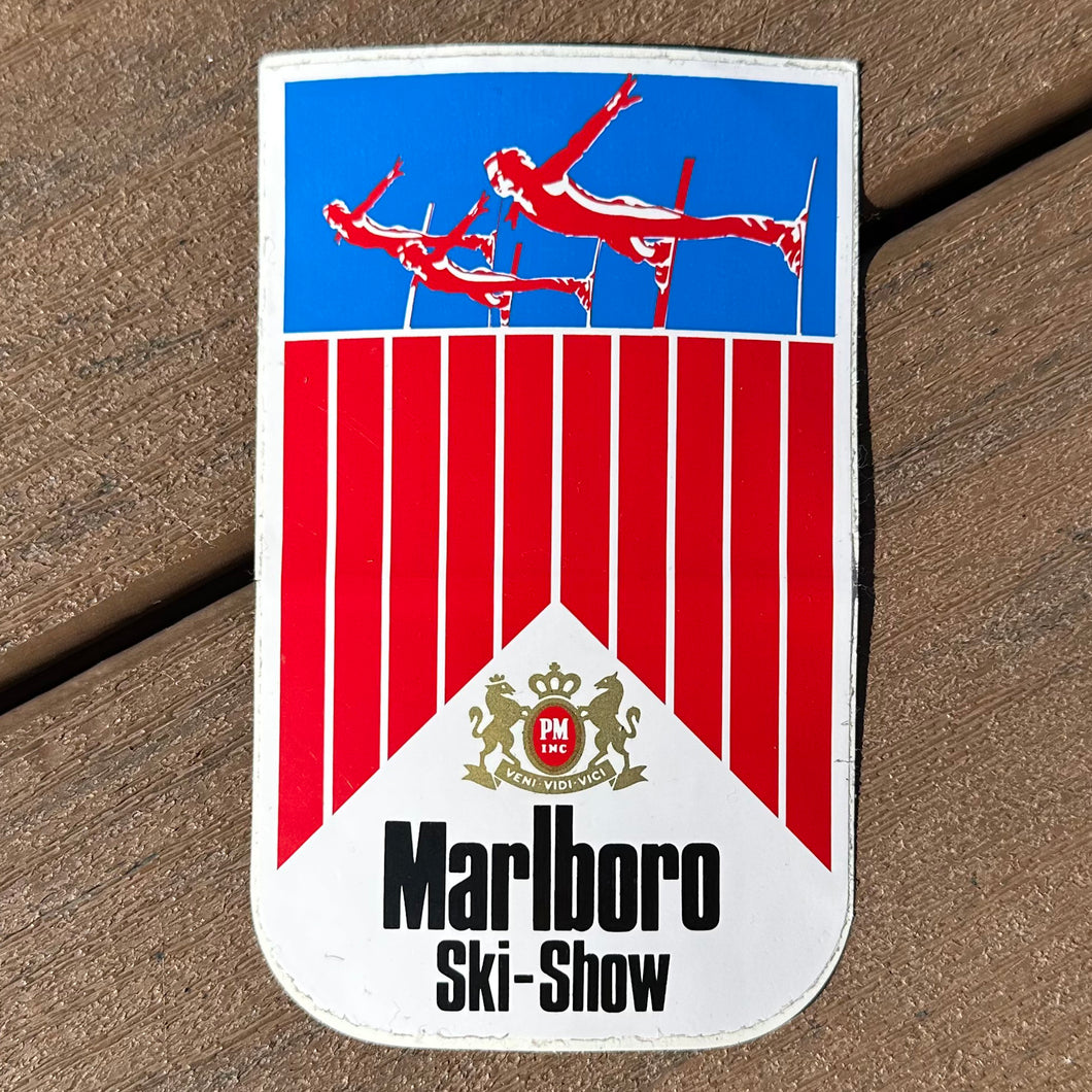 Rare vintage Marlboro Ski Show sticker for sale featuring 3 skiers in a blue, red, gold, and white color scheme