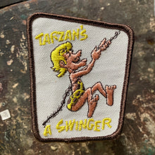 Vintage suggestive patch for sale featuring Tarzan with the words "Tarzan's a Swinger". This retro patch is embroidered.