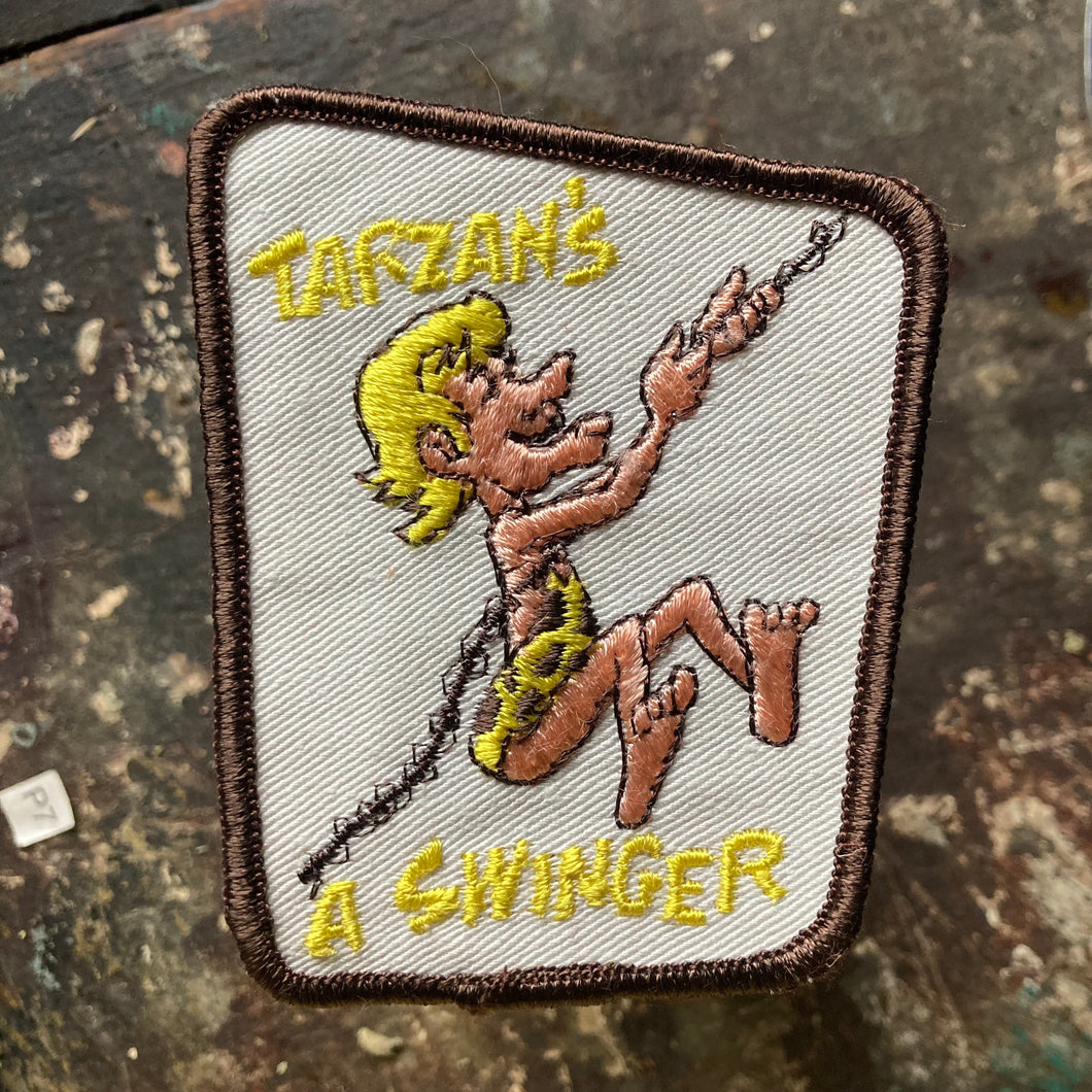 Vintage suggestive patch for sale featuring Tarzan with the words 