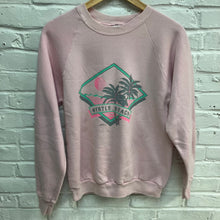 Vintage pin Myrtle Beach crewneck sweatshirt for sale with retro palm tree graphic with sunset 1980s style