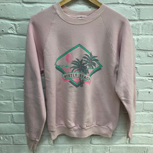 Vintage pin Myrtle Beach crewneck sweatshirt for sale with retro palm tree graphic with sunset 1980s style