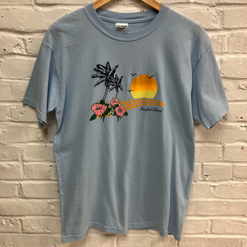 Vintage Sanibel Island shirt with a retro palm tree and sunset t-shirt graphic for sale.