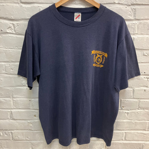 Vintage NJ Paterson Police Department shirt for sale Jerzees t-shirt with gold police screen print from New Jersey