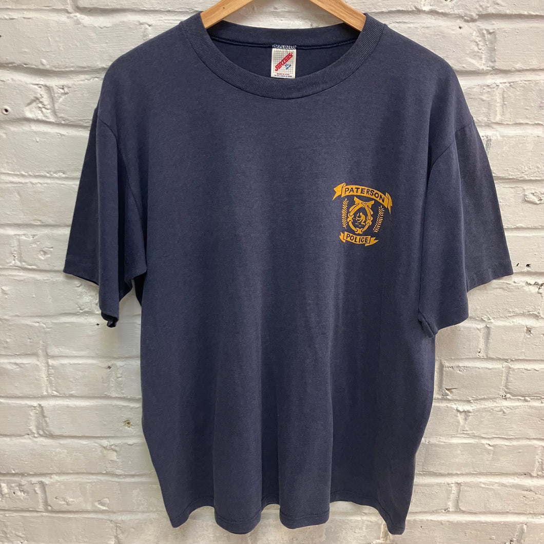 Vintage NJ Paterson Police Department shirt for sale Jerzees t-shirt with gold police screen print from New Jersey