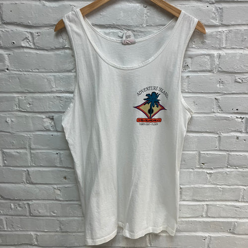 Vintage Adventure Island tank top from Tampa Bay, Florida. Nice retro screen print graphic with a palm tree and waves.