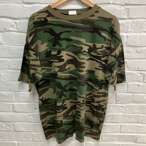 Vintage Camo tshirt for sale with green jungle pattern and ringer collar retro style fashion shop