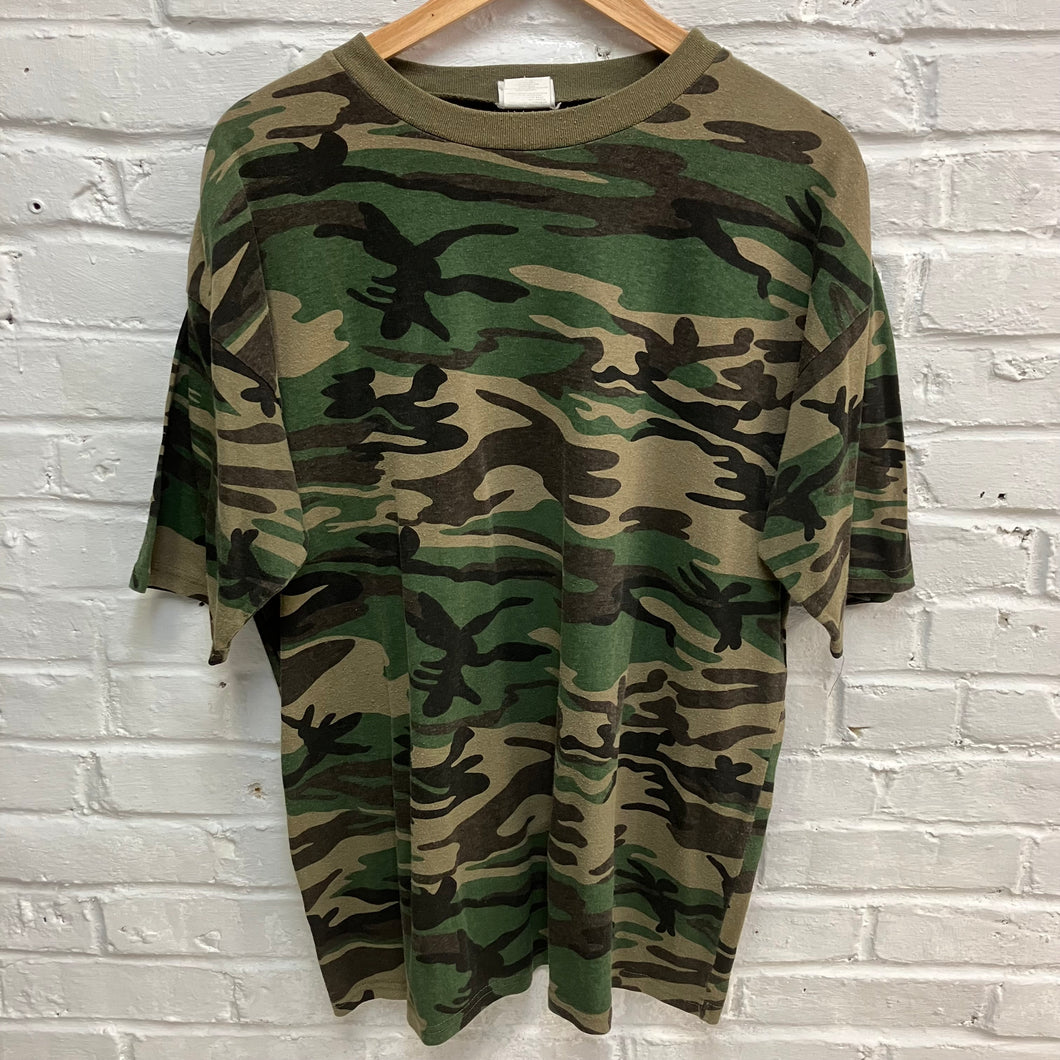 Vintage Camo tshirt for sale with green jungle pattern and ringer collar retro style fashion shop